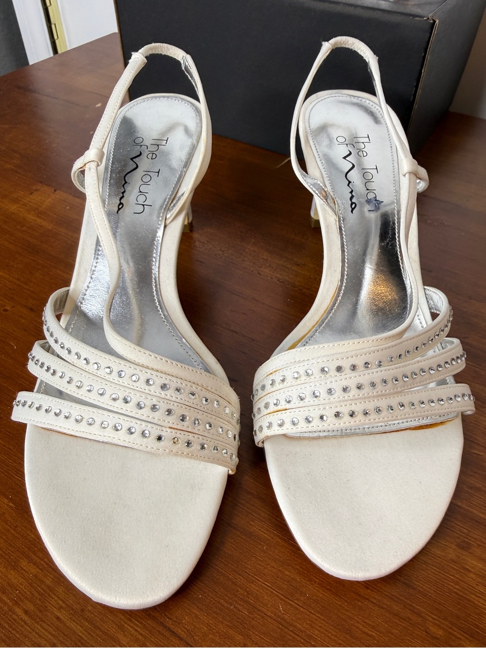 Touch of Nina Ivory Rhinestone Strappy Slingback Heels Size 7.5 One wear | GUC